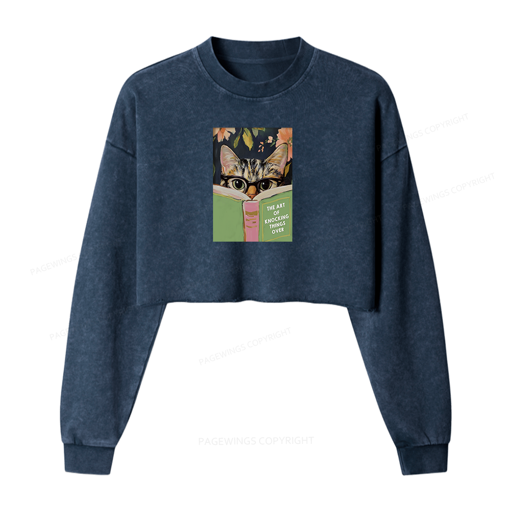 Pagewings Cat Reading Washed Crop Sweatshirt