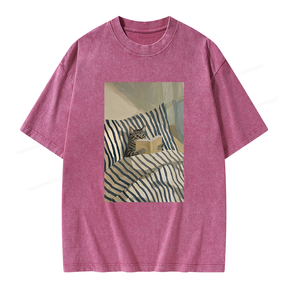 Pagewings Cat Reading Book In Bed Unisex Washed T-shirt