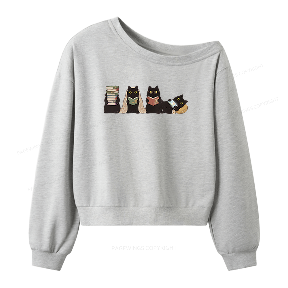 Pagewings Black Cats Reading Women Off Shoulder Sweatshirt