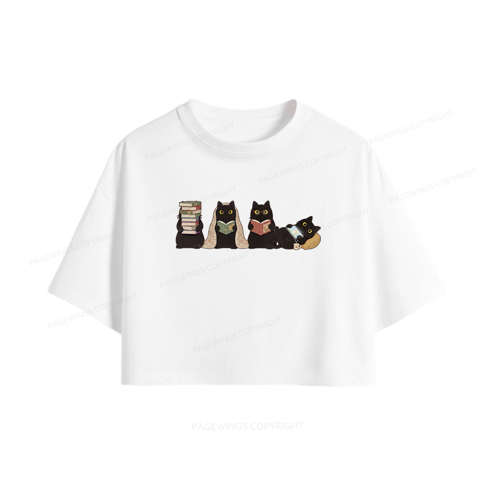 Pagewings Black Cats Reading Women Crop Tops