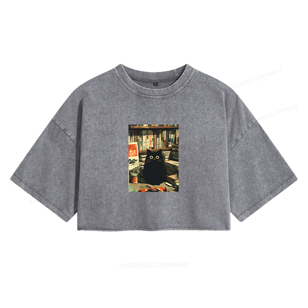Pagewings Vintage Cat Book Lovers  Women's Washed Cropped T-shirt