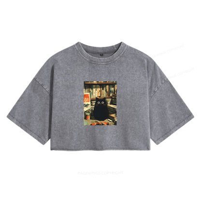 Pagewings Vintage Cat Book Lovers  Women's Washed Cropped T-shirt