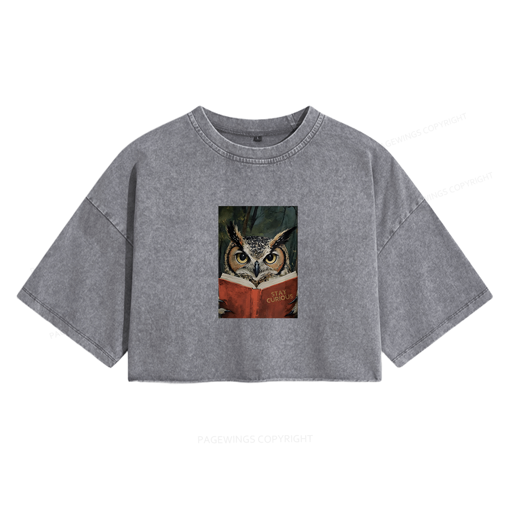 Pagewings Owl Reading Women's Washed Cropped T-shirt