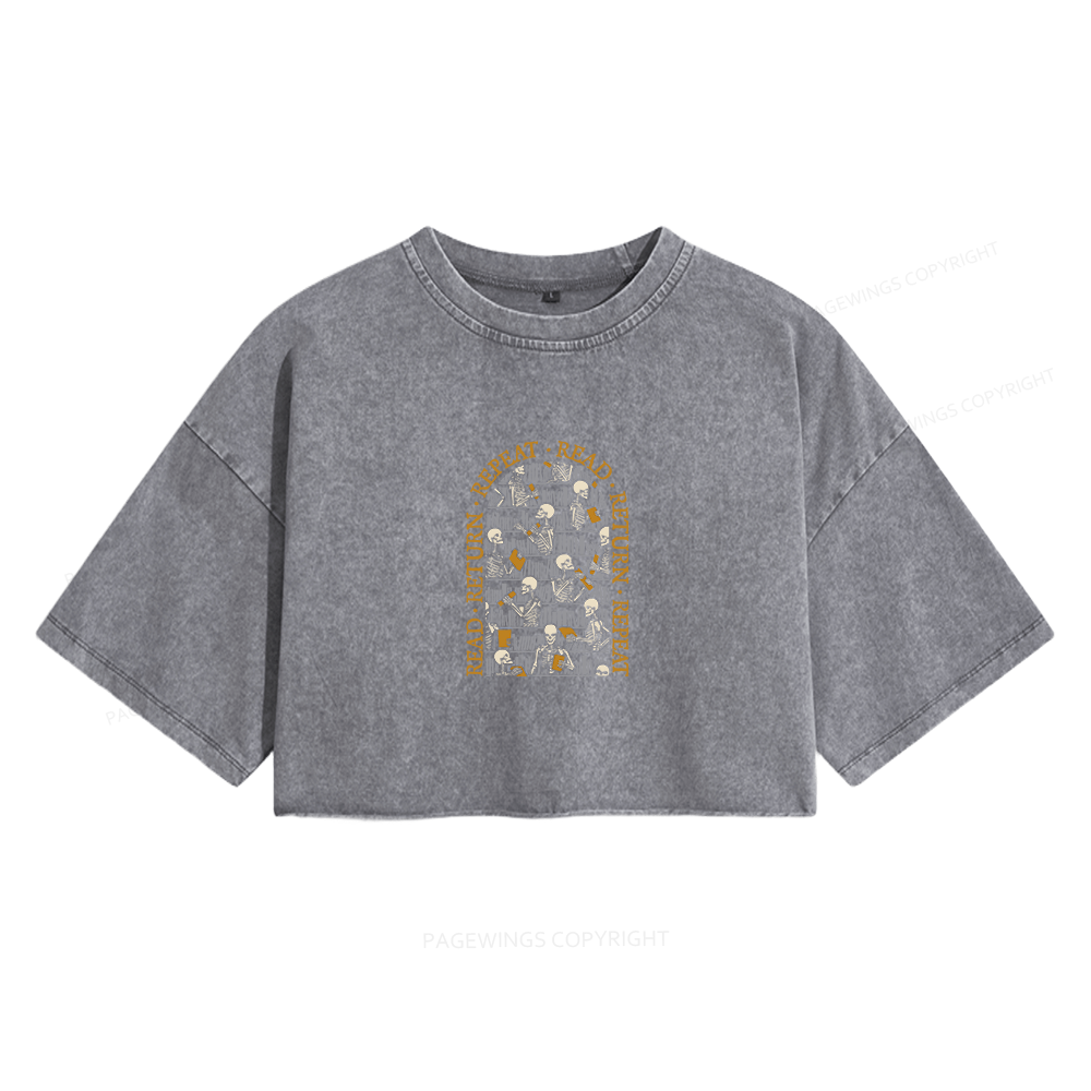 Pagewings Skeleton Library Women's Washed Cropped T-shirt