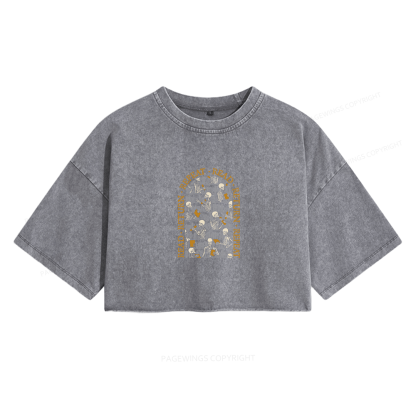 Pagewings Skeleton Library Women's Washed Cropped T-shirt