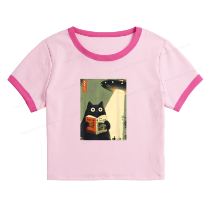 Pagewings Vintage Cat Book Lovers Baby Tee Crop Ringer T-Shirt