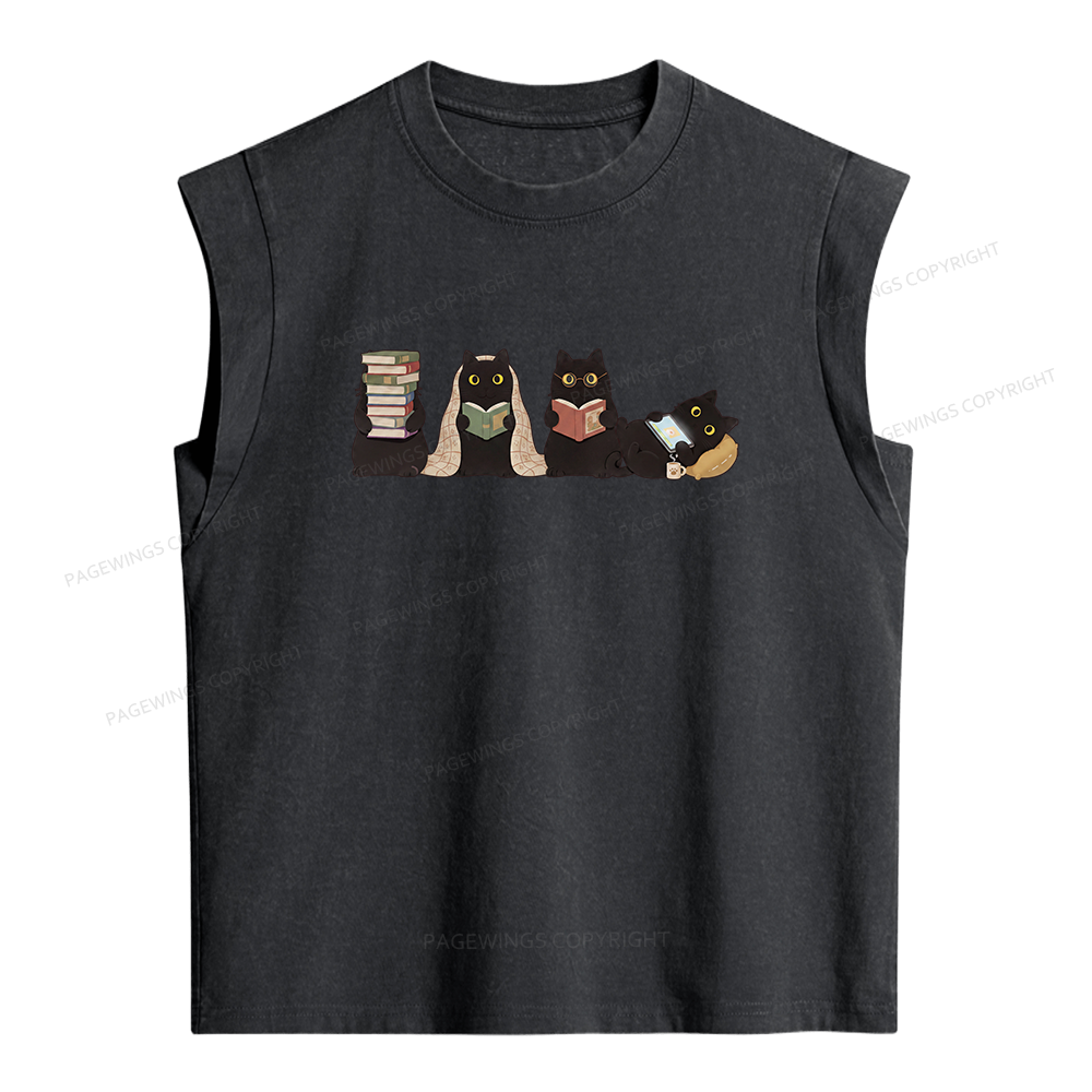 Pagewings Black Cats Reading Women's Washed Tank Top