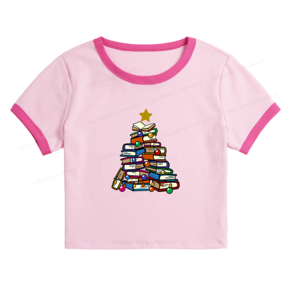 Pagewings Christmas Tree Bookworm Baby Tee Cropped Ringer T-Shirt 