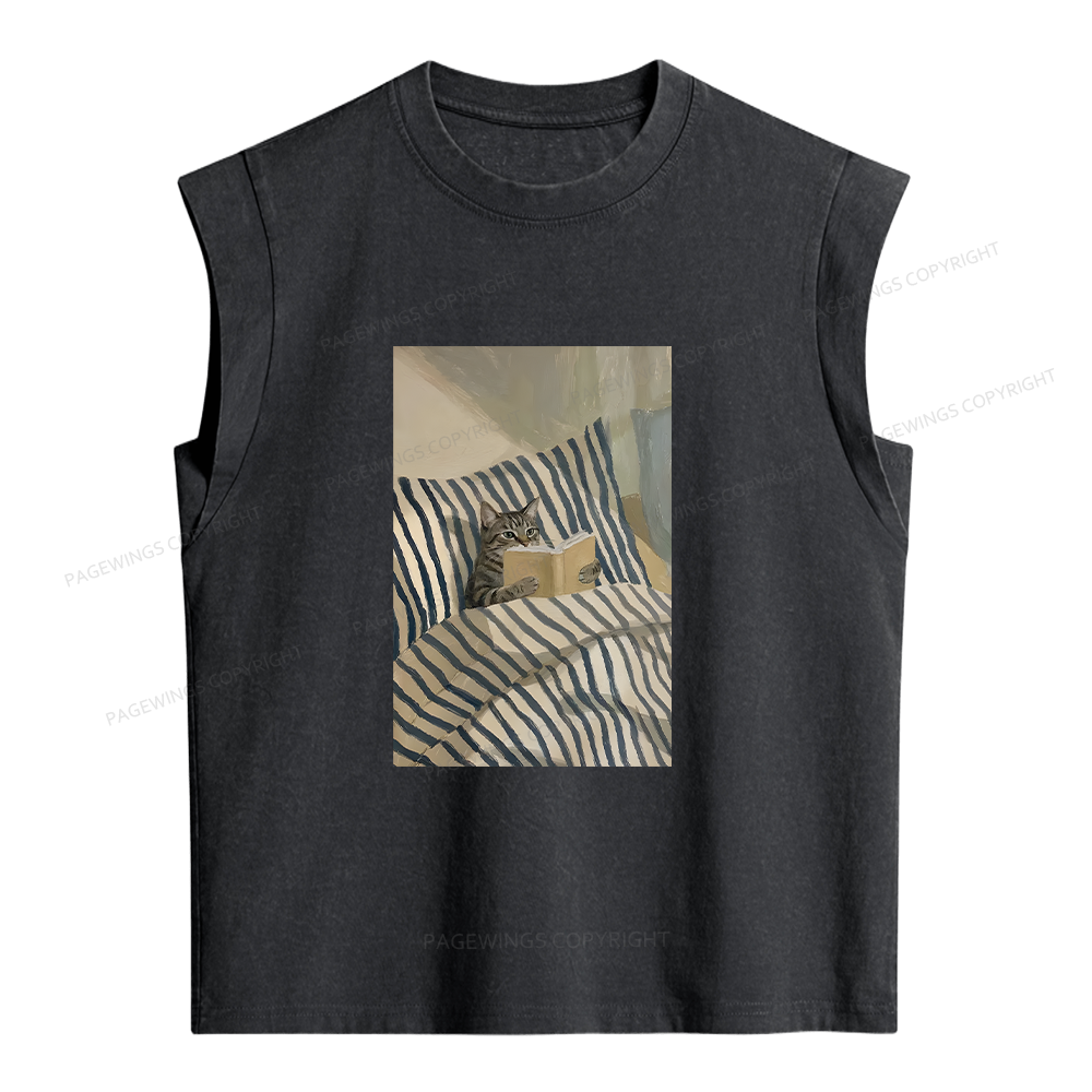 Pagewings Cat Reading Book In Bed Women's Washed Tank Top