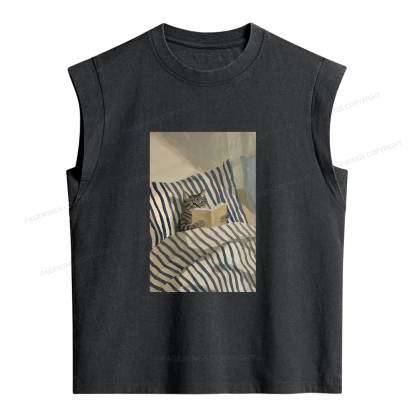 Pagewings Cat Reading Book In Bed Women's Washed Tank Top