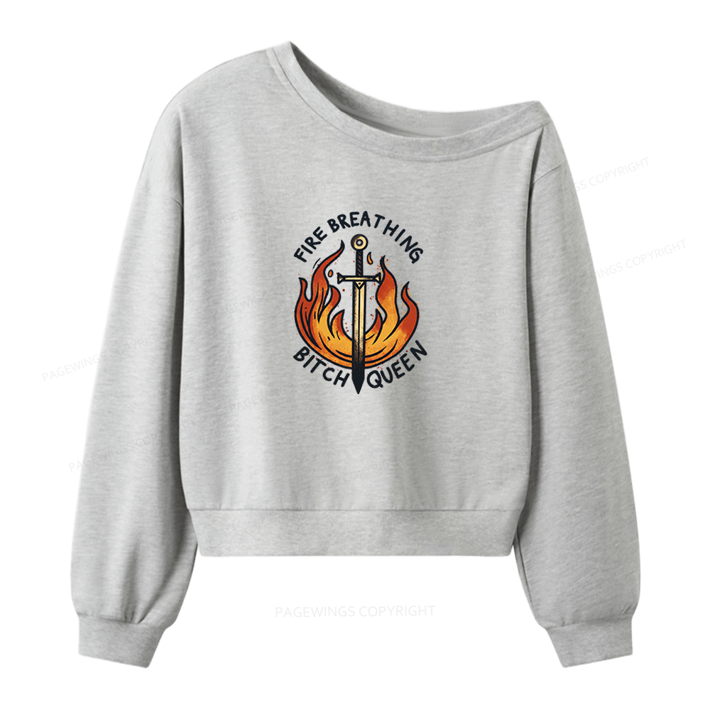 Pagewings Fire Breathing Bitch Queen Women Off Shoulder Sweatshirt
