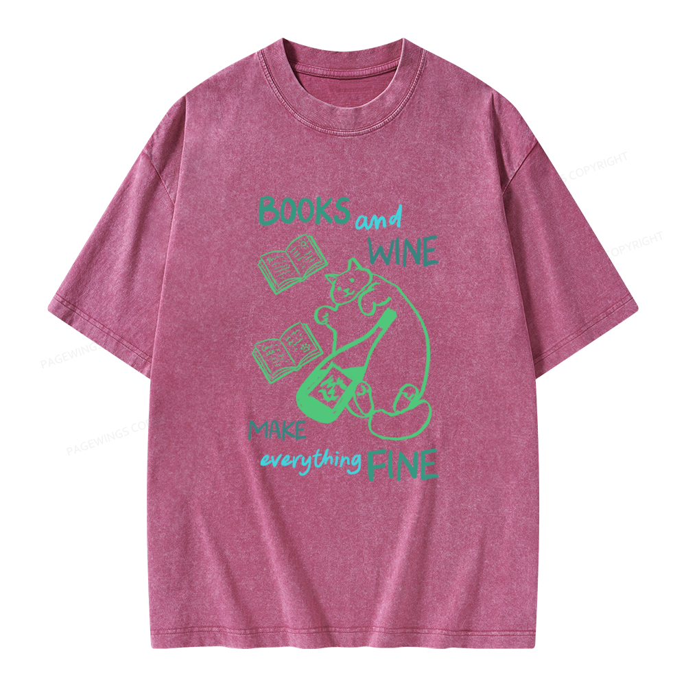 Pagewings Books And Wine Unisex Washed T-shirt