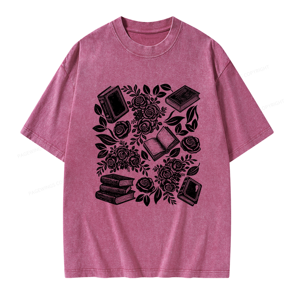 Pagewings Books and Flowers Unisex Washed T-shirt
