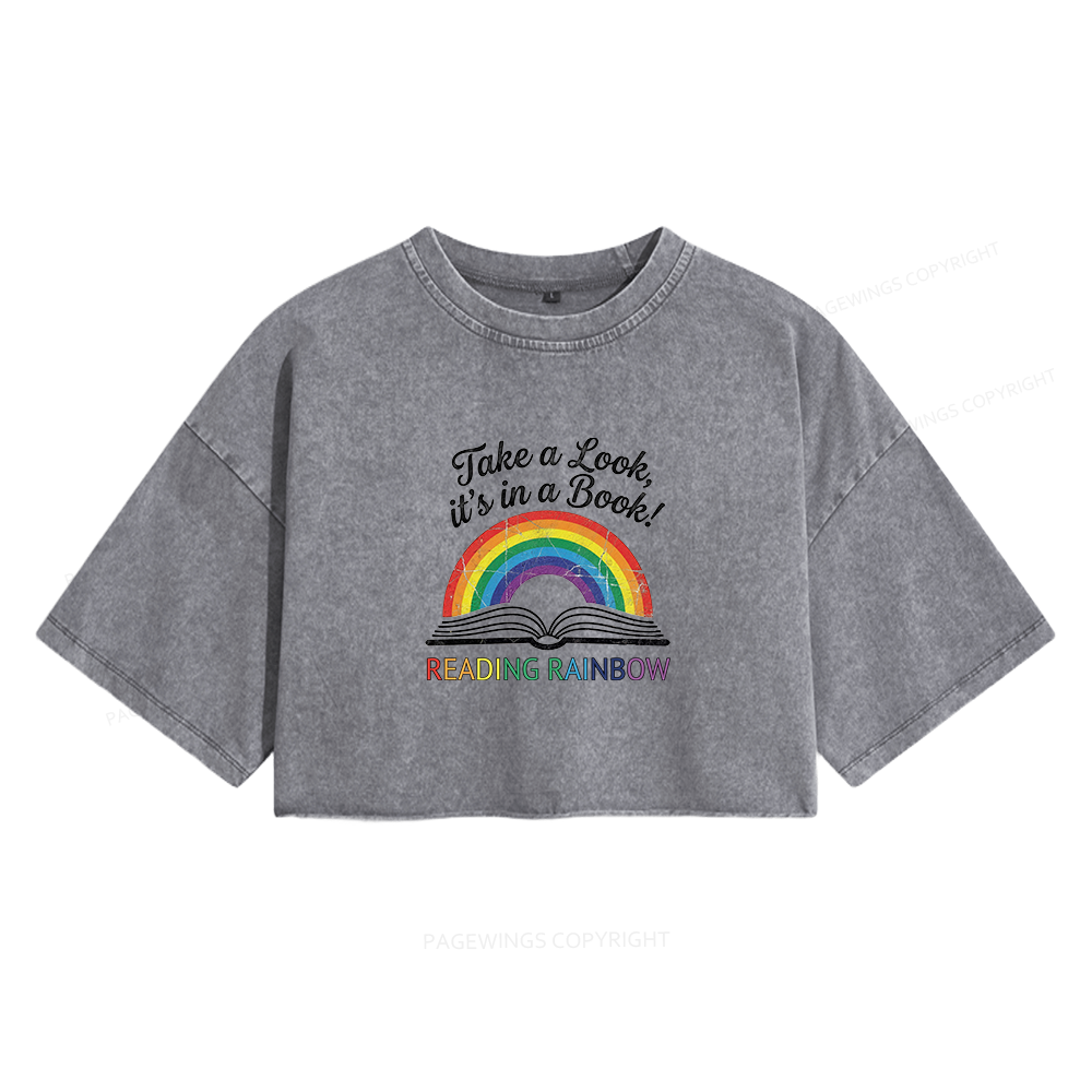 Pagewings Reading With Rainbow Women's Washed Cropped T-shirt