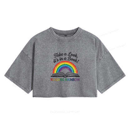 Pagewings Reading With Rainbow Women's Washed Cropped T-shirt