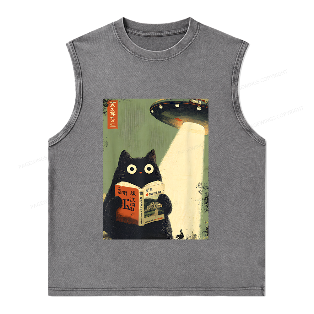 Pagewings Vintage Cat Book Lovers Unisex Washed Tank Top