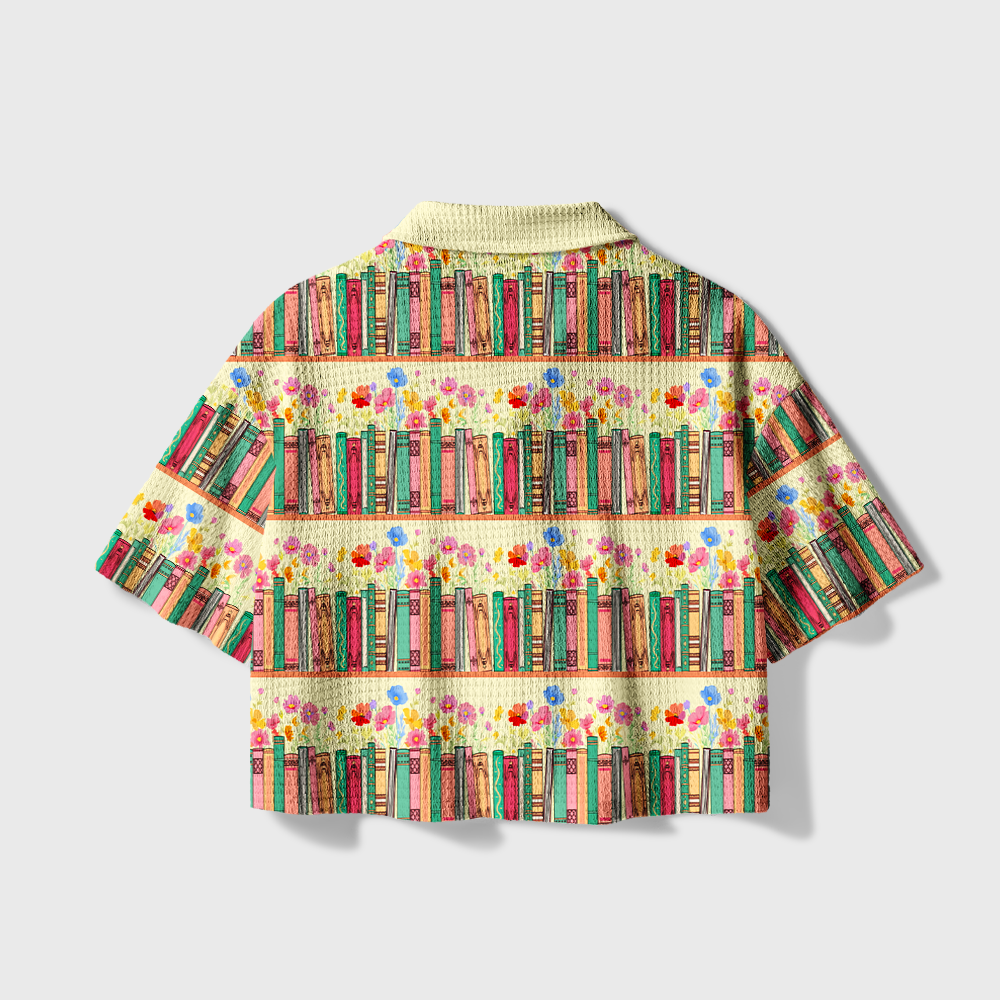 Pagewings Bookshelf Bloom Camp Collar Boxy Fit Unisex Crochet Shirt