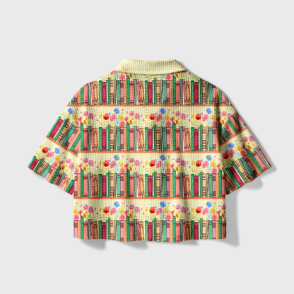 Pagewings Bookshelf Bloom Camp Collar Boxy Fit Unisex Crochet Shirt