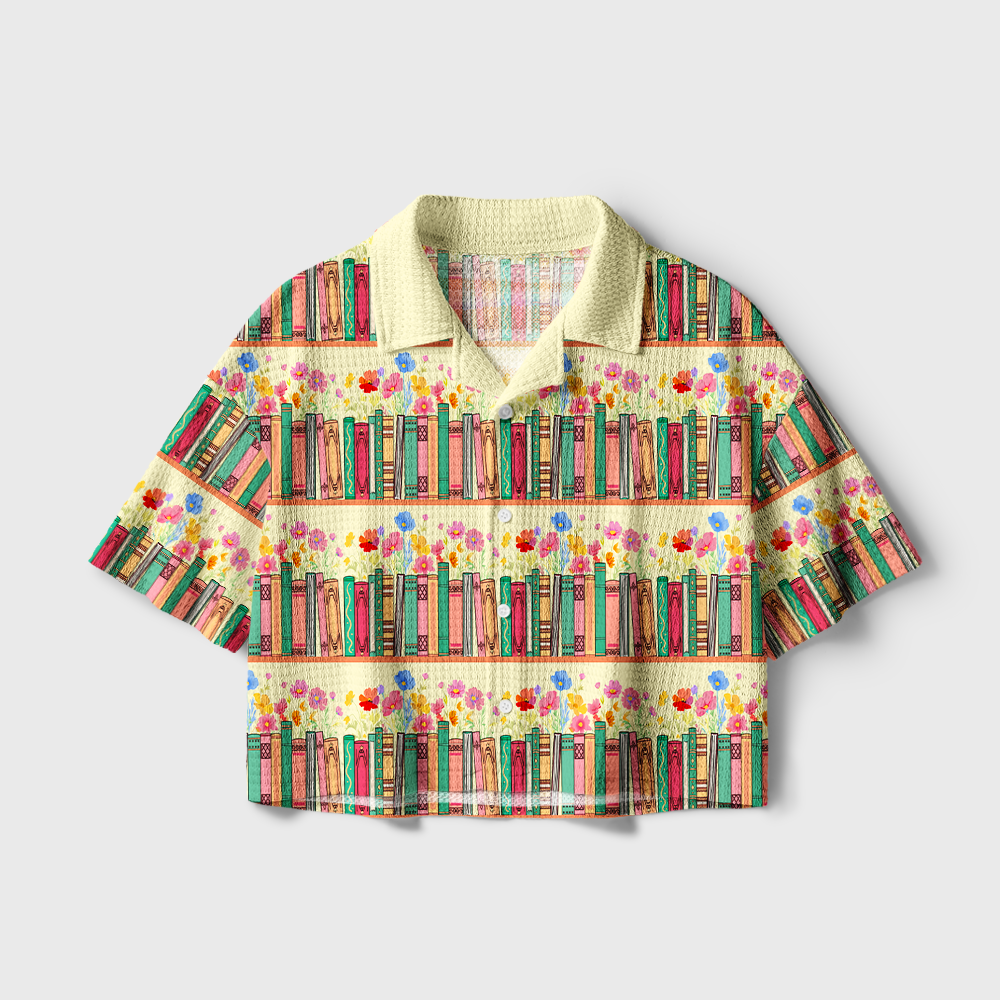 Pagewings Bookshelf Bloom Camp Collar Boxy Fit Unisex Crochet Shirt