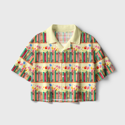 Pagewings Bookshelf Bloom Camp Collar Boxy Fit Unisex Crochet Shirt