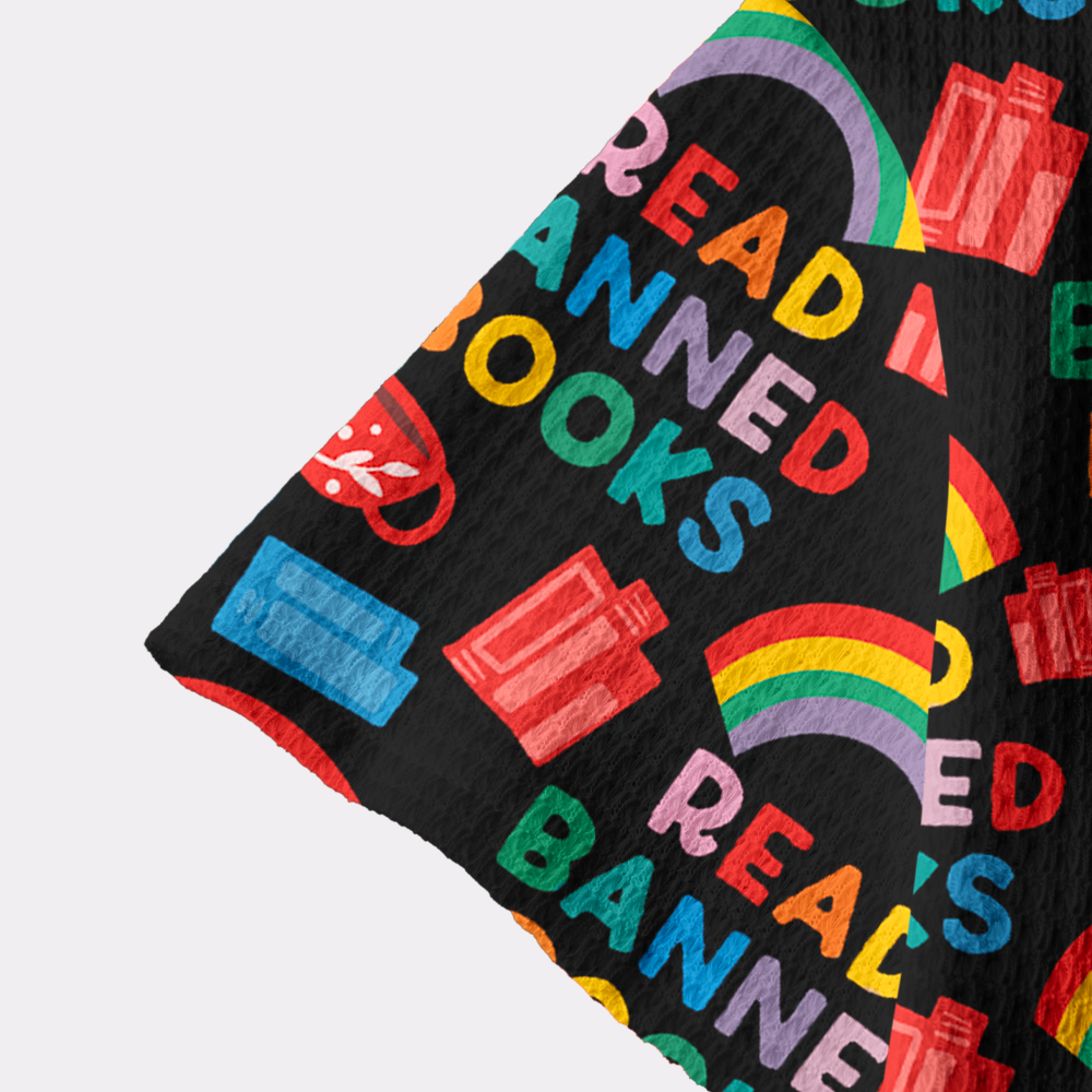 Pagewings Read Banned Books Rainbow  Camp Collar Boxy Fit Unisex Crochet Shirt