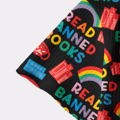 Pagewings Read Banned Books Rainbow  Camp Collar Boxy Fit Unisex Crochet Shirt