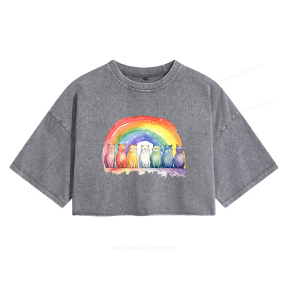 Pagewings Pride Rainbow Cat Women's Washed Cropped T-shirt