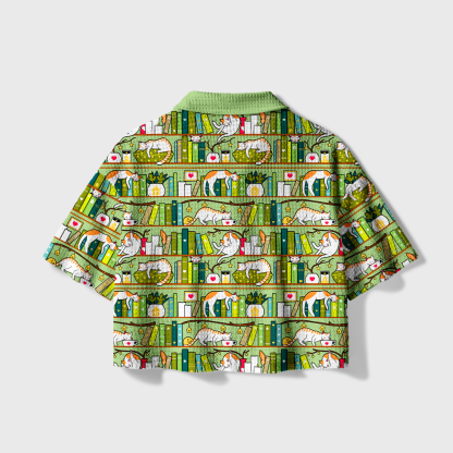 Pagewings Cat Bookshelf Camp Collar Boxy Fit Unisex Crochet Shirt