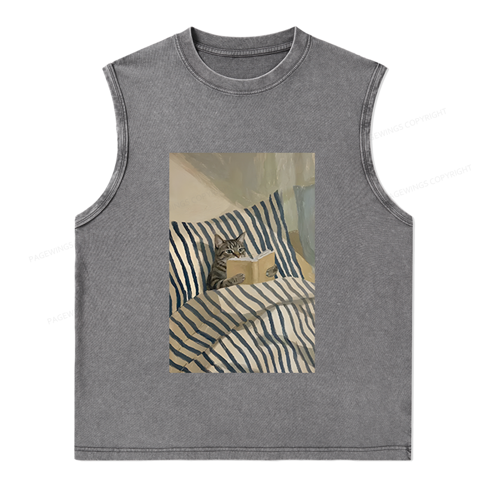 Pagewings Cat Reading Book Unisex Washed Tank Top