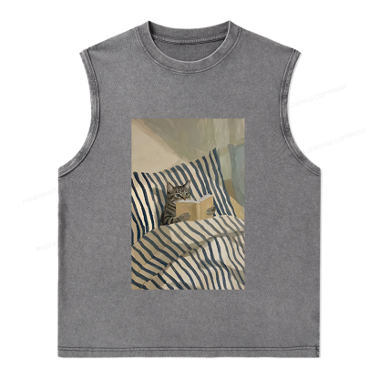 Pagewings Cat Reading Book Unisex Washed Tank Top