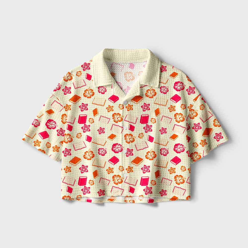 Pagewings Aloha Floral Bookish Library  Camp Collar Boxy Fit Unisex Crochet Shirt