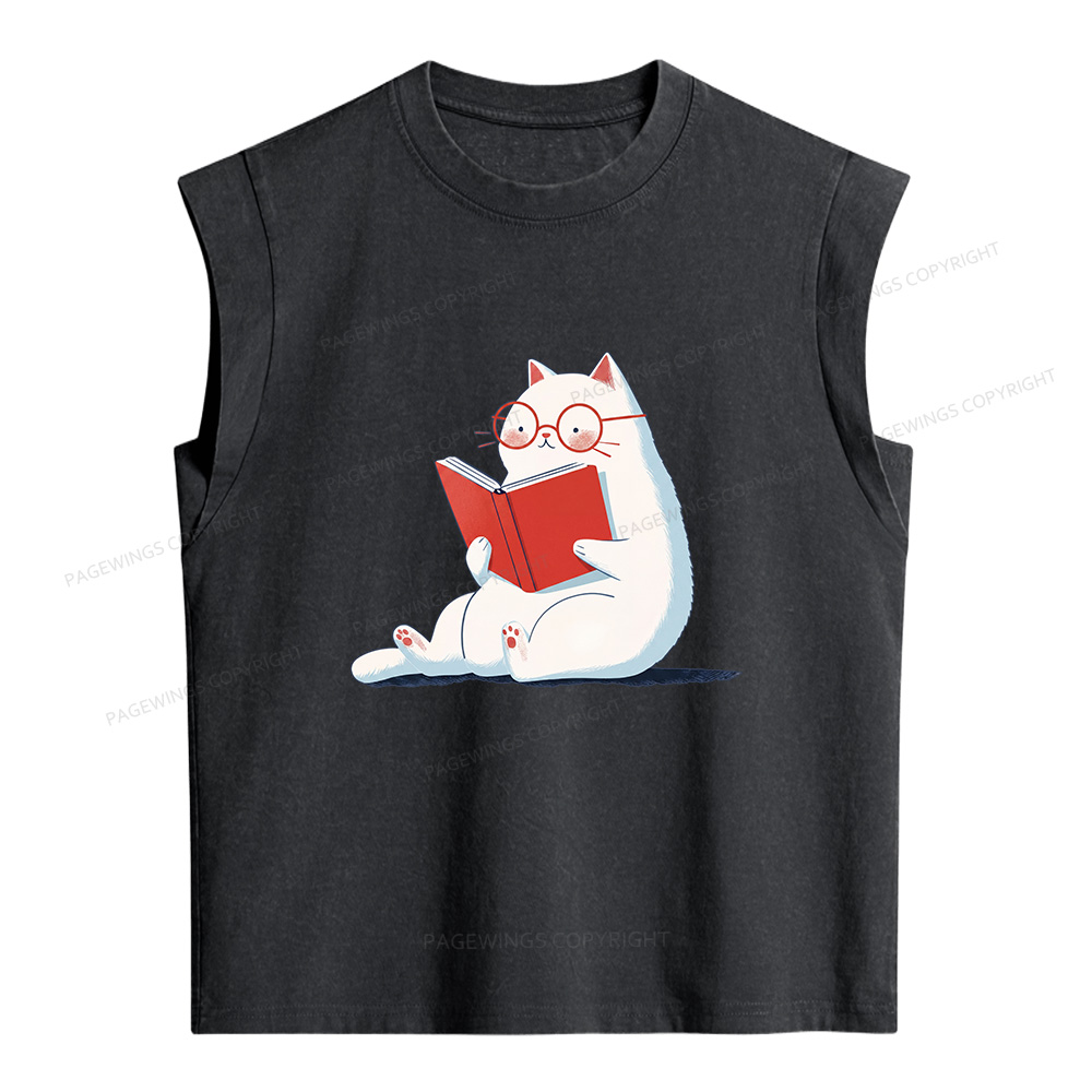 Pagewings Cat Reading Books Women's Washed Tank Top