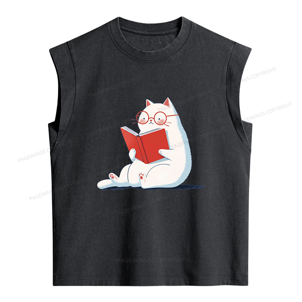 Pagewings Cat Reading Books Women's Washed Tank Top