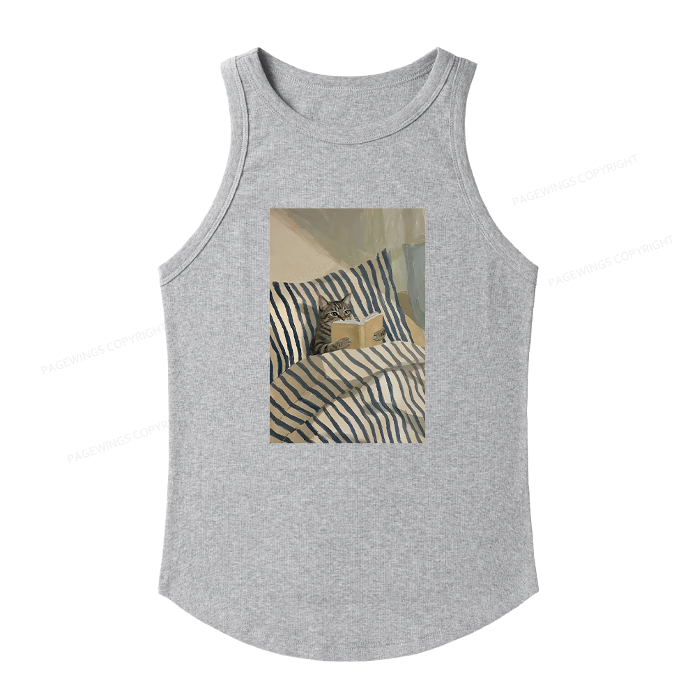 Pagewings Slim Fit Cat Reading Book In Bed Women's Fitted Tank Top 