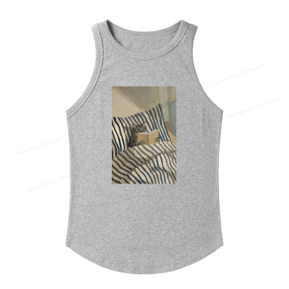 Pagewings Slim Fit Cat Reading Book In Bed Women's Fitted Tank Top 