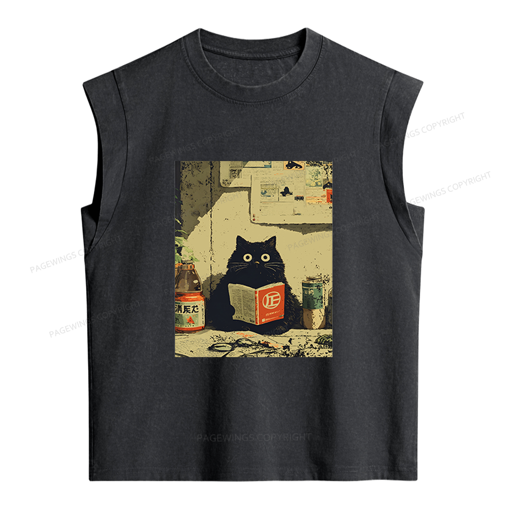 Pagewings Vintage Japanese Cat Book Lovers Women's Washed Tank Top