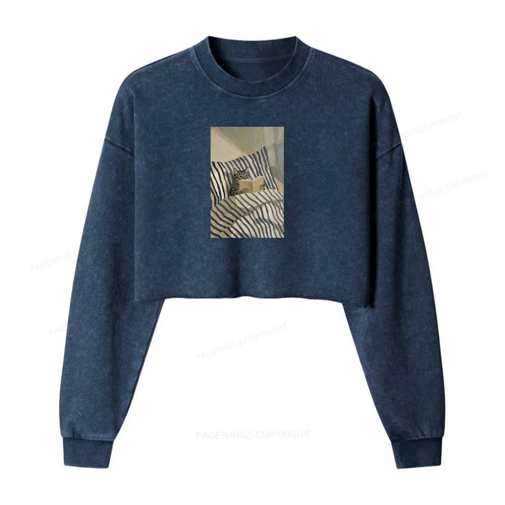 Pagewings Cat Reading Book In Bed Washed Crop Sweatshirt