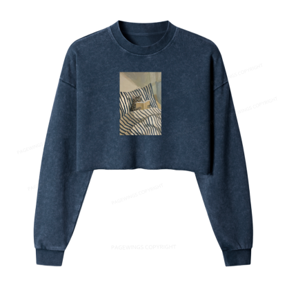 Pagewings Cat Reading Book In Bed Washed Crop Sweatshirt