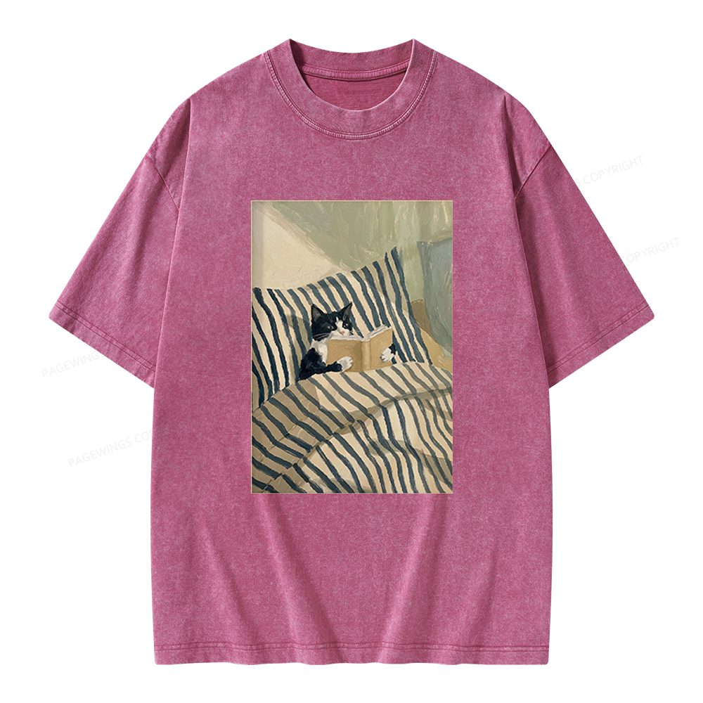 Pagewings Cat Reading Book Unisex Washed T-shirt