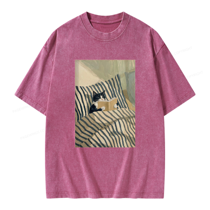 Pagewings Cat Reading Book Unisex Washed T-shirt