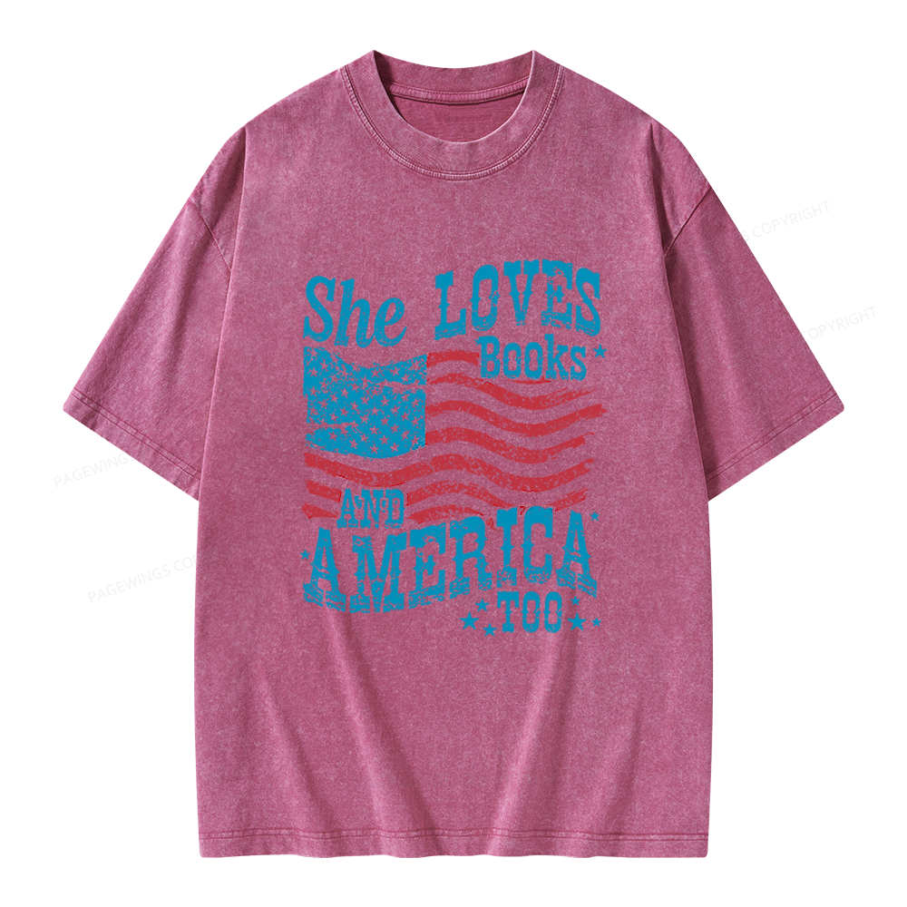 Pagewings She Loves Books And America Too Unisex Washed T-shirt
