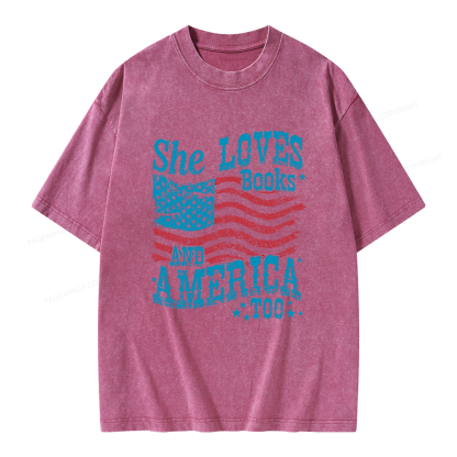 Pagewings She Loves Books And America Too Unisex Washed T-shirt