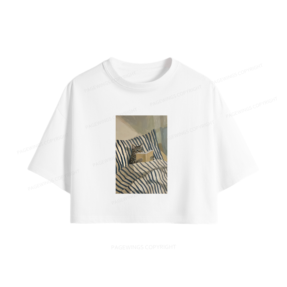 Pagewings Cat Reading Book In Bed Women Crop Tops