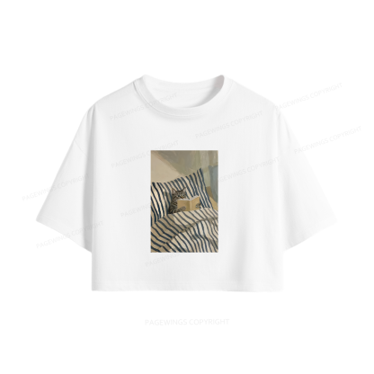 Pagewings Cat Reading Book In Bed Women Crop Tops