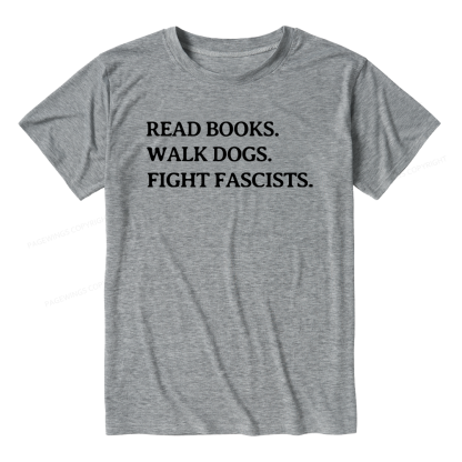 Pagewings Soft Read Books Walk Dogs and Fight Fascists Unisex Heather T-Shirt