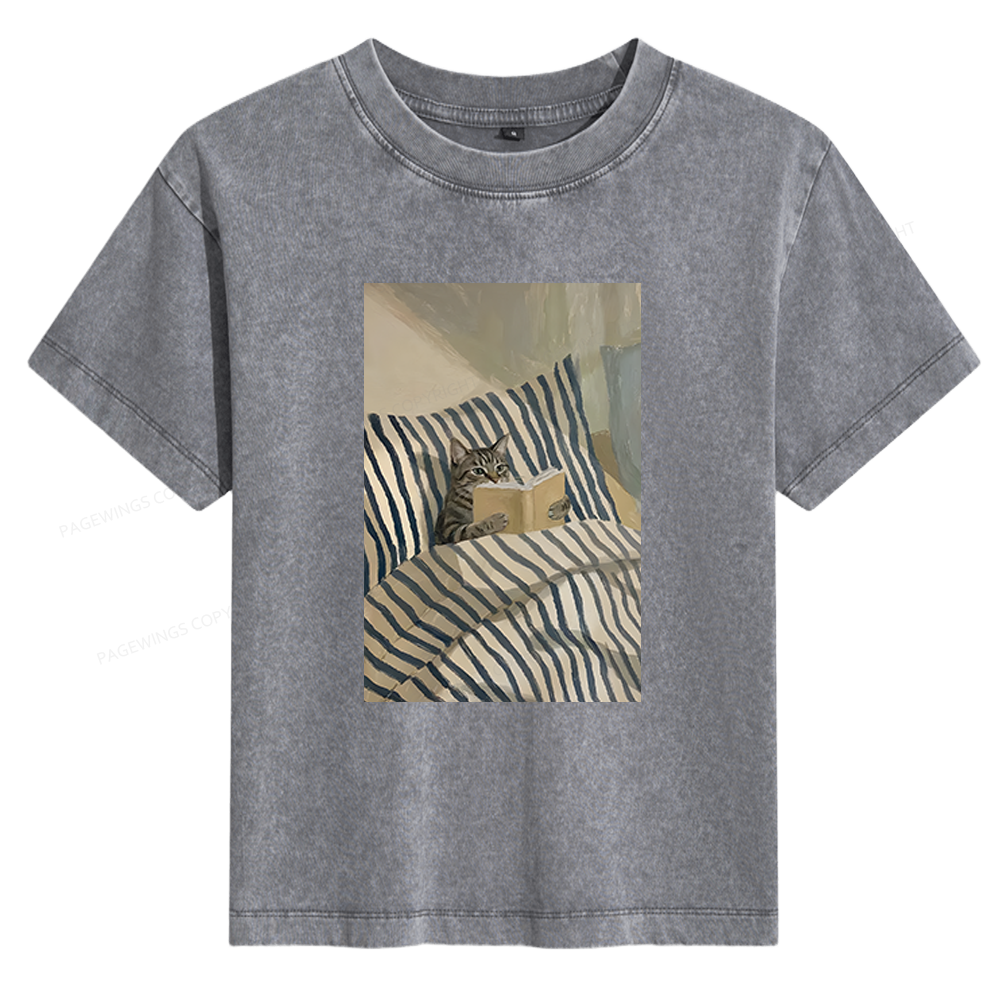 Pagewings Cat Reading Book Women's Washed T-shirt