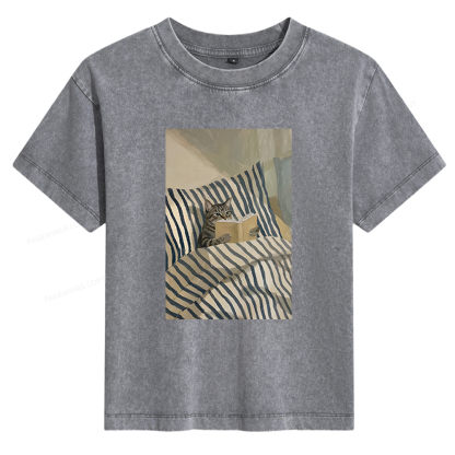 Pagewings Cat Reading Book Women's Washed T-shirt
