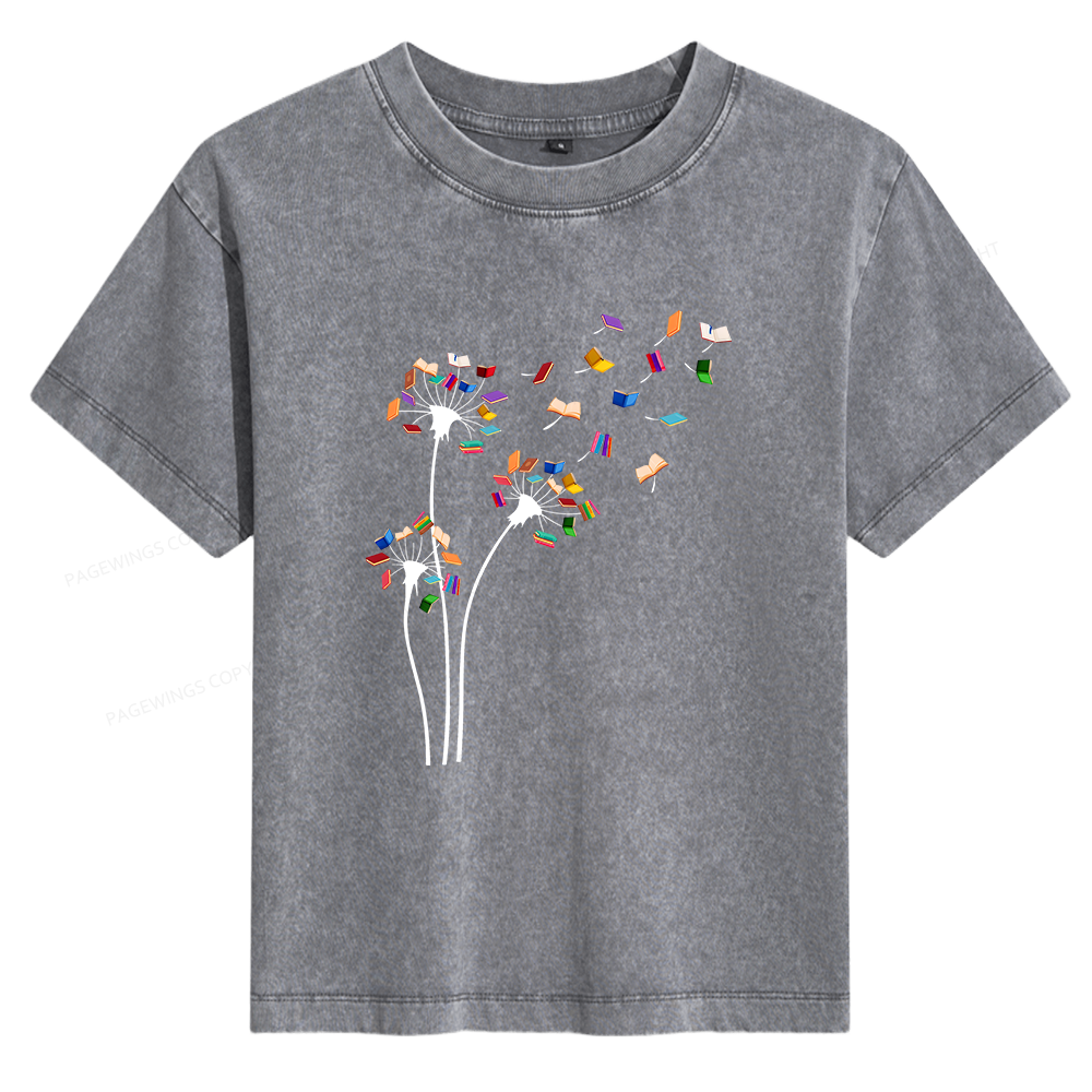 Pagewings Cute Dandelion Books Flower Fly Women's Washed T-shirt