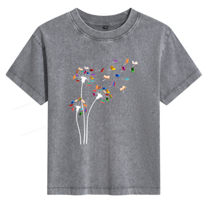 Pagewings Cute Dandelion Books Flower Fly Women's Washed T-shirt