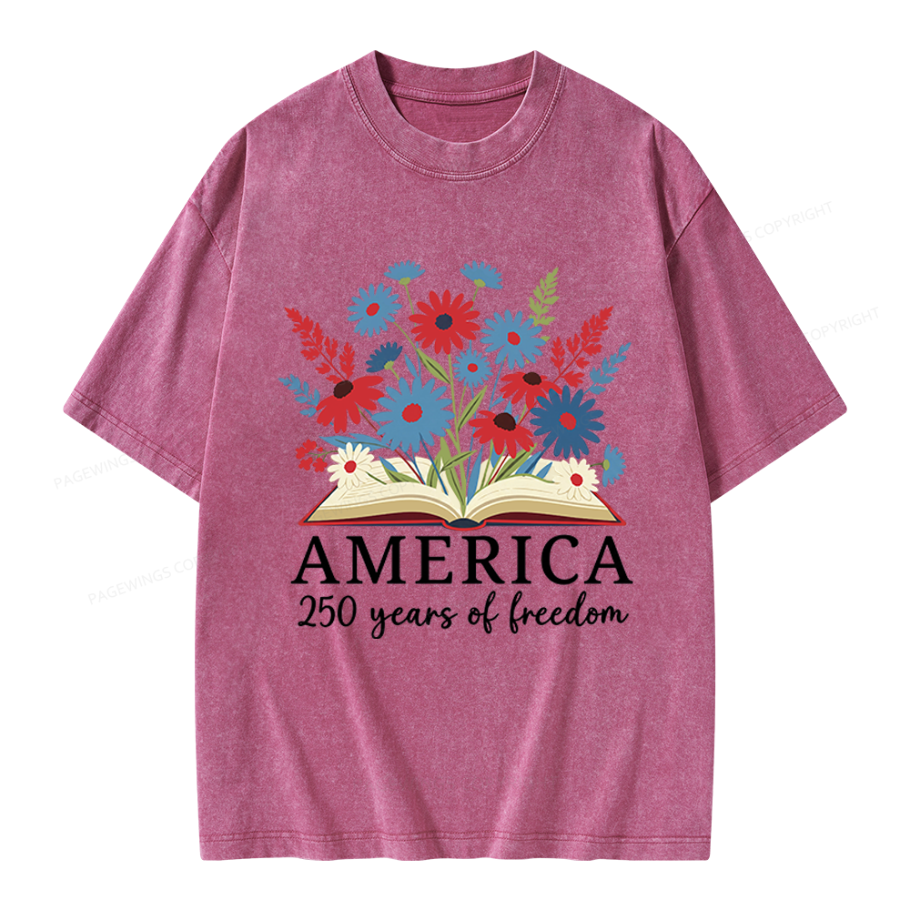 Pagewings Floral Patriotic America 250 Unisex Washed T-shirt